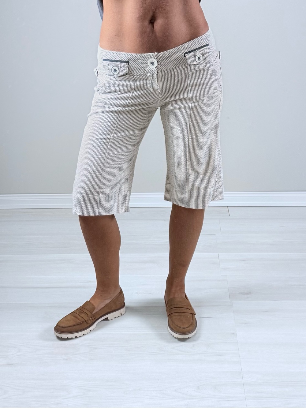 Y2K 2000s Rewind Light Beige pinstripe knee-Length Bermuda Shorts